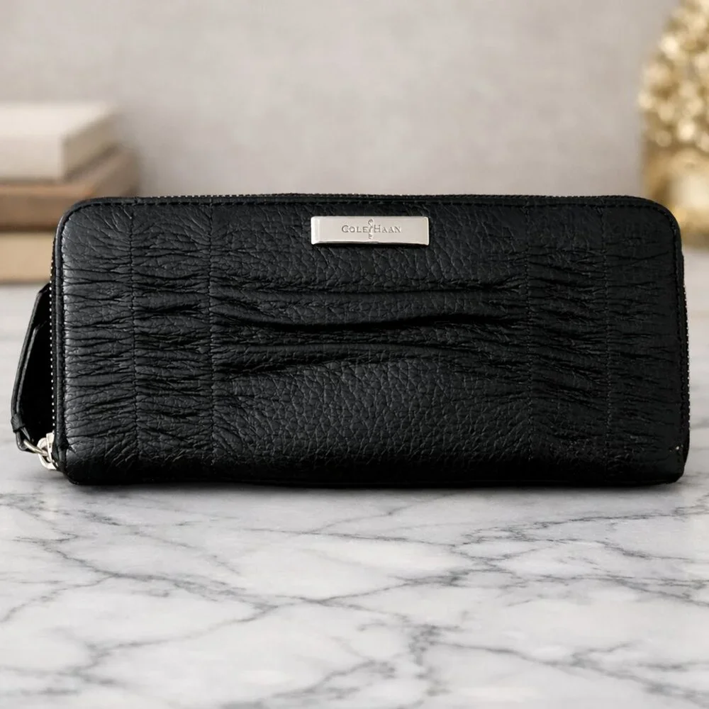 Cole Haan Black Leather Zip Around Wallet – Textured Leather